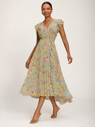 Pleated Chiffon Dip Hem Maxi Dress, Yellow Floral