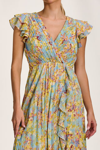 Pleated Chiffon Dip Hem Maxi Dress, Yellow Floral