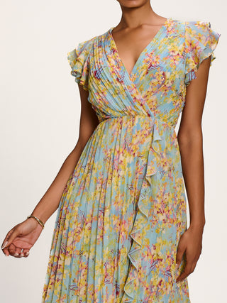 Pleated Chiffon Dip Hem Maxi Dress, Yellow Floral