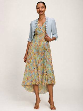 Pleated Chiffon Dip Hem Maxi Dress, Yellow Floral