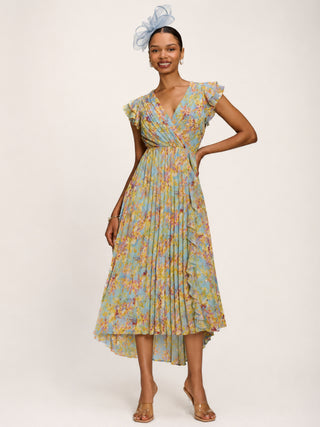 Pleated Chiffon Dip Hem Maxi Dress, Yellow Floral