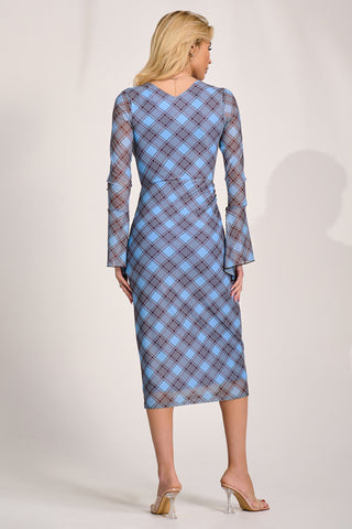 Long Sleeve Mesh Bodycon Dress, Blue Check