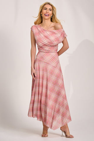 Asymmetric Draped Mesh Maxi Dress, Pink Check