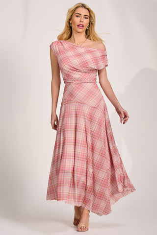 Asymmetric Draped Mesh Maxi Dress, Pink Check