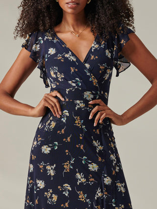 Heleyna Ruffle Hem Mesh Maxi Dress, Navy Floral