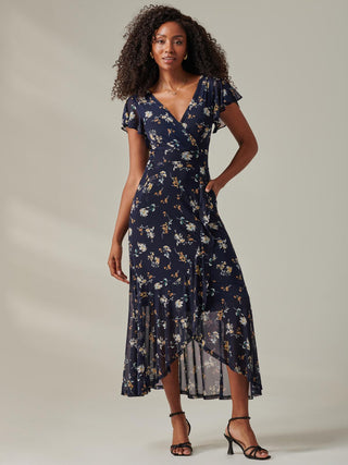 Heleyna Ruffle Hem Mesh Maxi Dress, Navy Floral