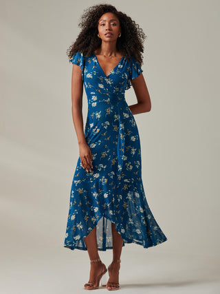 Heleyna Ruffle Hem Mesh Maxi Dress, Teal Floral