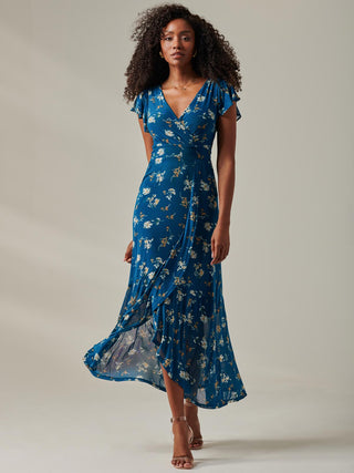 Heleyna Ruffle Hem Mesh Maxi Dress, Teal Floral