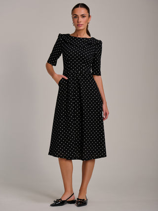 Printed Scuba Fold Collar Midi Dress, Black Polka Dot