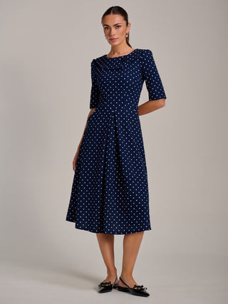 Printed Scuba Fold Collar Midi Dress, Navy Polka Dot