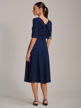Printed Scuba Fold Collar Midi Dress, Navy Polka Dot