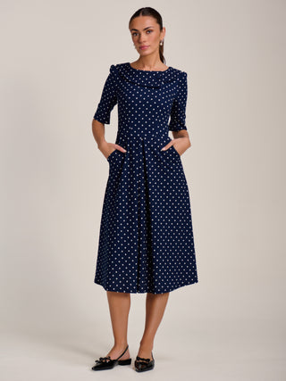 Printed Scuba Fold Collar Midi Dress, Navy Polka Dot