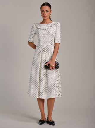 Printed Scuba Fold Collar Midi Dress, White Polka Dot