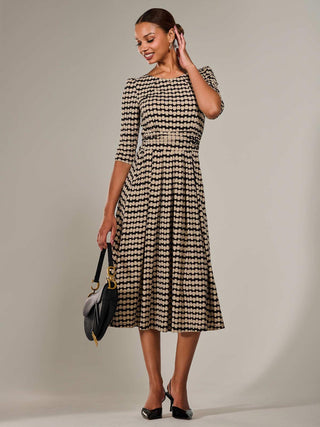Jersey Half Sleeve Pleated Midaxi Dress, Stone/Black