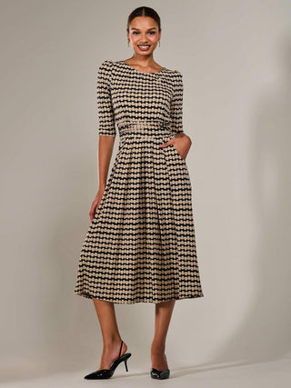 Jersey Half Sleeve Pleated Midaxi Dress, Stone/Black