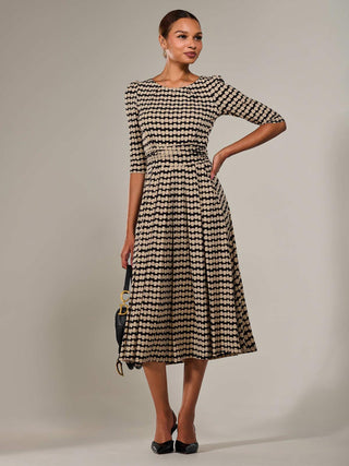 Jersey Half Sleeve Pleated Midaxi Dress, Stone/Black