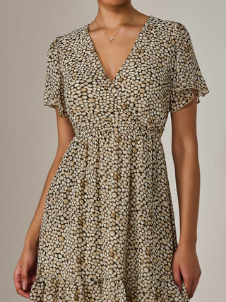 Chiffon Short Sleeve Tie Waist Mini Dress, Black Cream
