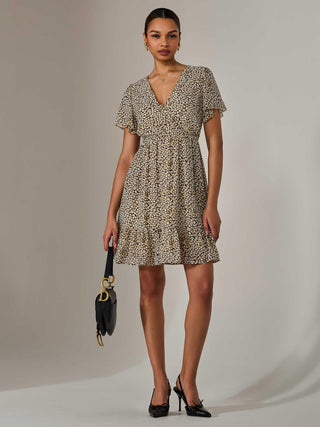 Chiffon Short Sleeve Tie Waist Mini Dress, Black Cream
