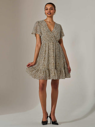 Chiffon Short Sleeve Tie Waist Mini Dress, Black Cream