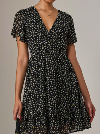 Chiffon Short Sleeve Tie Waist Mini Dress, Black Pattern