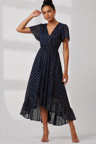 Metallic Effect Angel Sleeve Maxi Dress, Navy/Gold