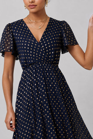 Metallic Effect Angel Sleeve Maxi Dress, Navy/Gold