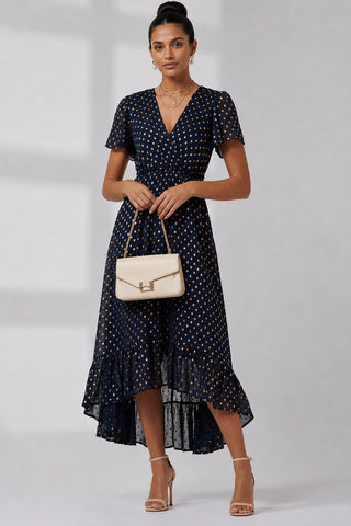 Metallic Effect Angel Sleeve Maxi Dress, Navy/Gold