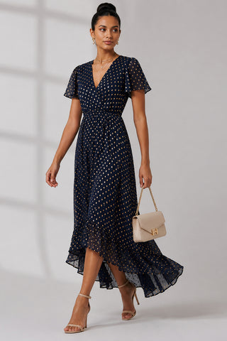 Metallic Effect Angel Sleeve Maxi Dress, Navy/Gold