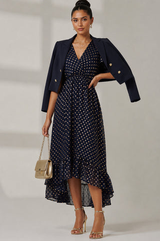 Metallic Effect Angel Sleeve Maxi Dress, Navy/Gold