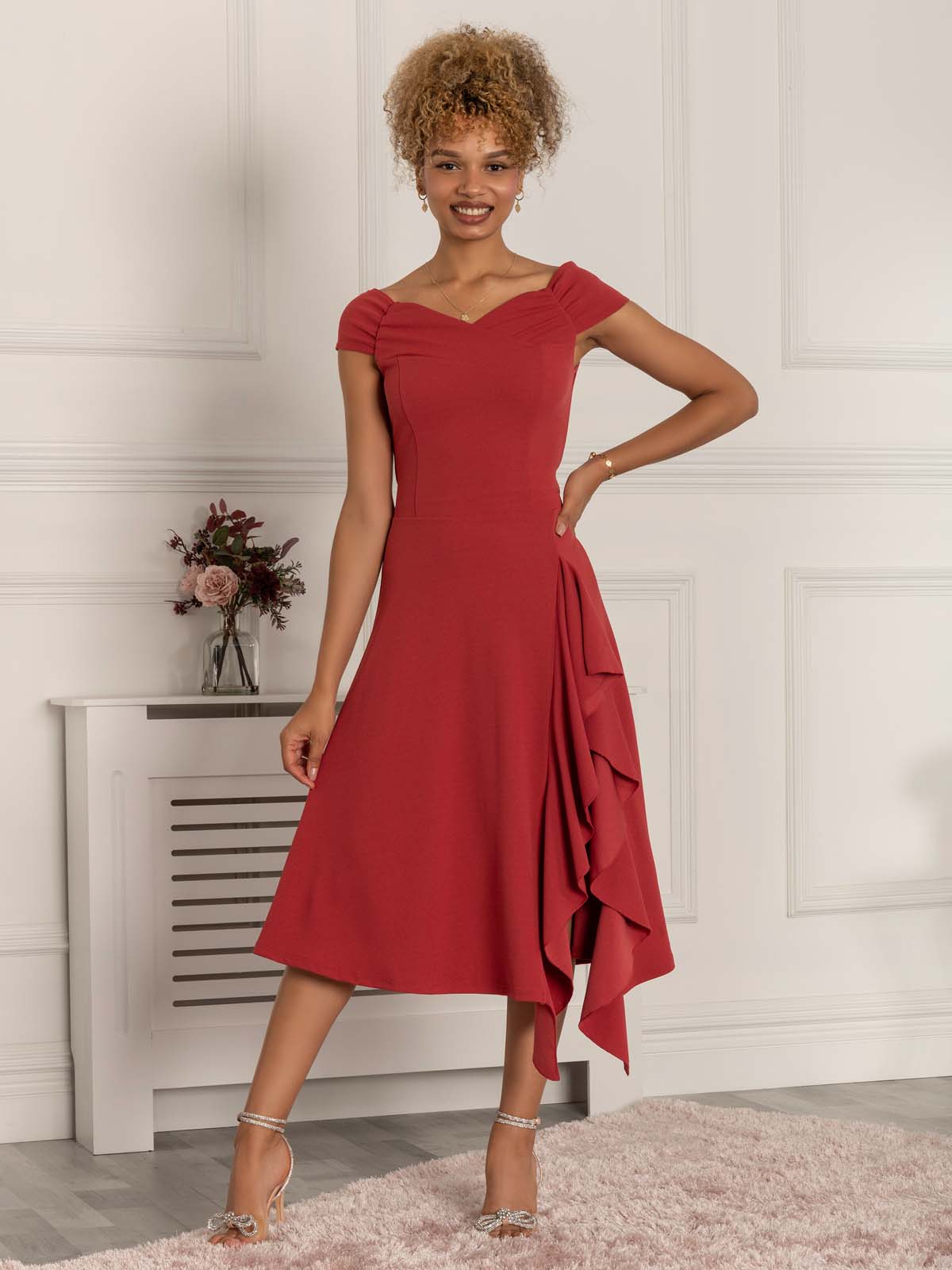 Desiree Frill Fit & Flare Dress, Rusty Red