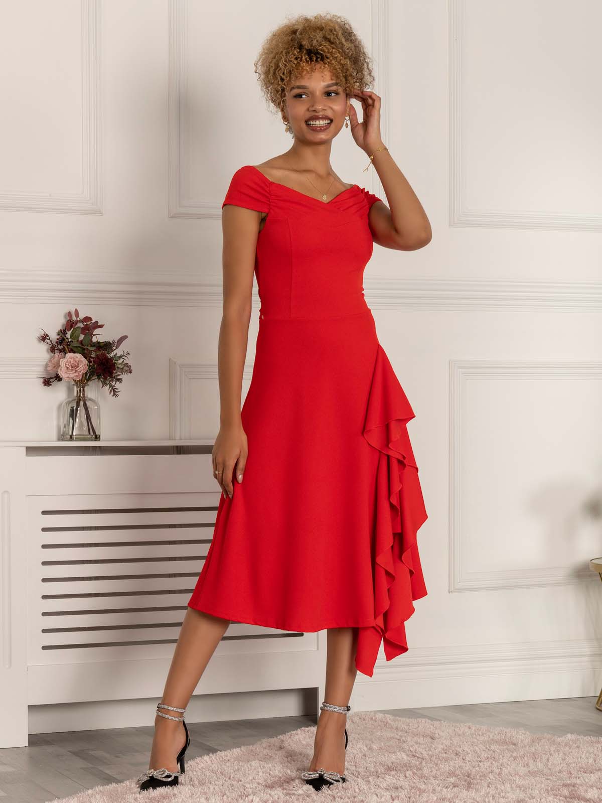 Desiree Frill Fit & Flare Dress, Scarlet Red