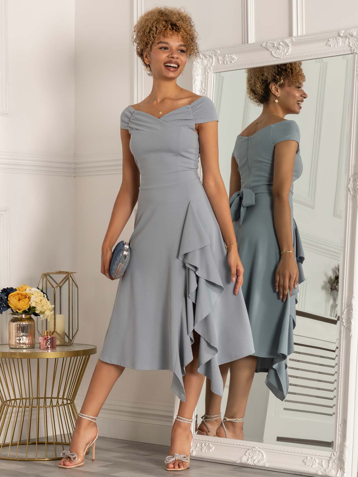 Desiree Frill Fit & Flare Dress, Steel Blue
