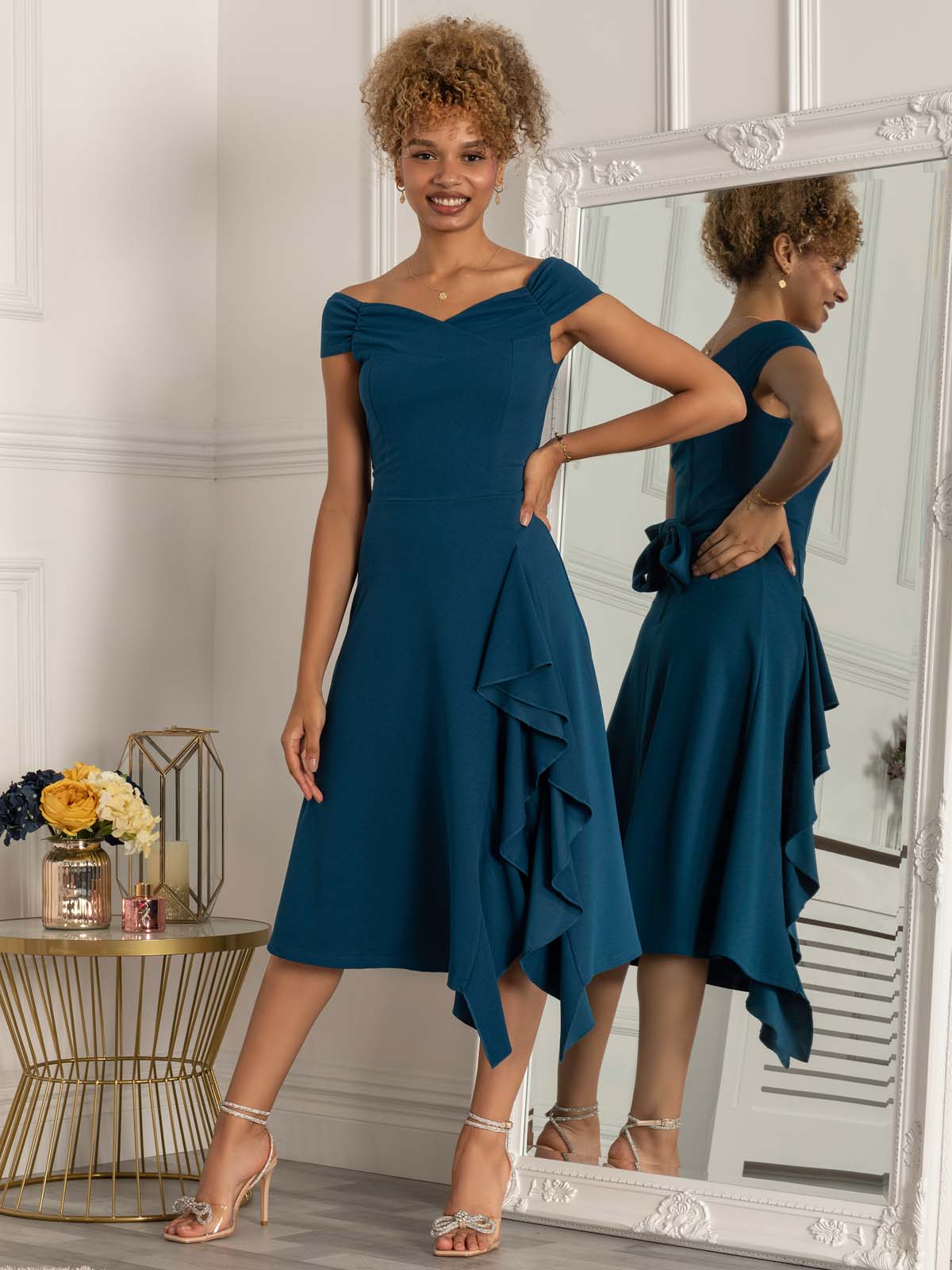 Desiree Frill Fit & Flare Dress, Teal