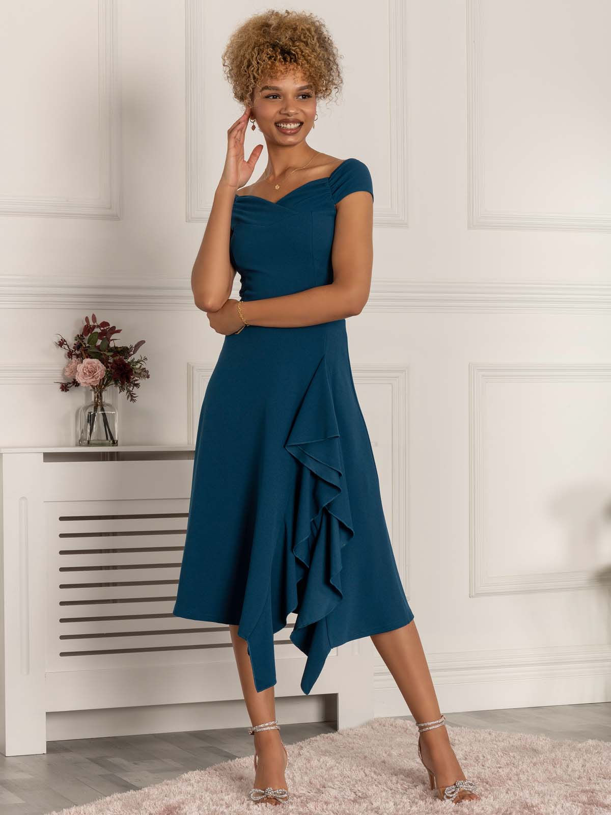 Desiree Frill Fit & Flare Dress, Teal