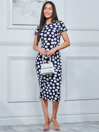 Short Sleeve Jersey Bodycon Midi Dress, Navy Polka Dot Jolie Moi Wholesale Short Sleeve Jersey Bodycon Midi Dress, Navy Polka Dot Jolie Moi Wholesale