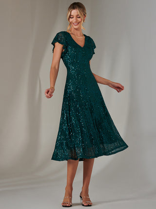 Sequin V Neck FIt & Flare Midaxi Dress, Green Jolie Moi Wholesale Sequin V Neck FIt & Flare Midaxi Dress, Green Jolie Moi Wholesale
