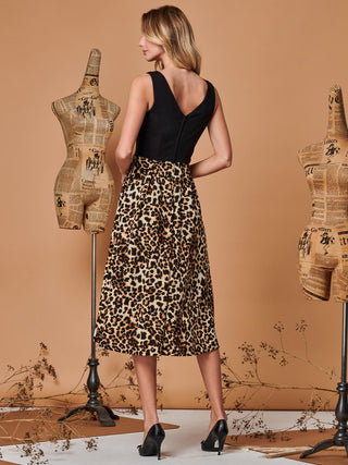 Two Tone Contrast Print Midi Dress, Animal Multi