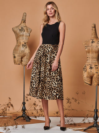 Two Tone Contrast Print Midi Dress, Animal Multi