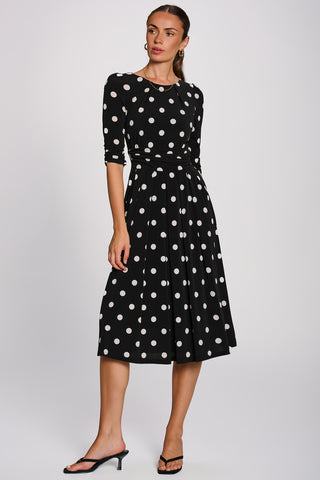 3/4 Sleeve Midi Swing Jersey Dress, Black Spot