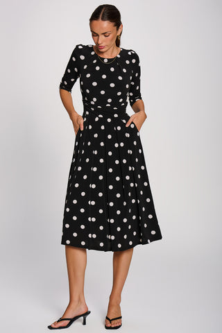 3/4 Sleeve Midi Swing Jersey Dress, Black Spot