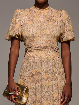 Puffy Sleeve Printed Mesh Maxi Dress, Animal Multi