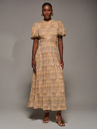 Puffy Sleeve Printed Mesh Maxi Dress, Animal Multi