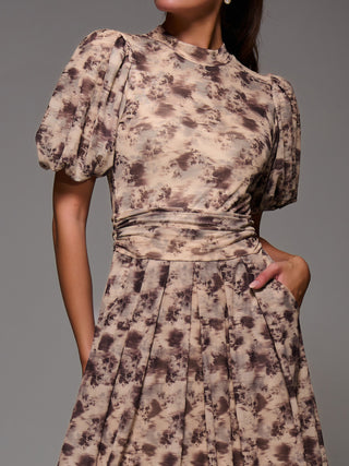 Puffy Sleeve Printed Mesh Maxi Dress, Brown Abstract