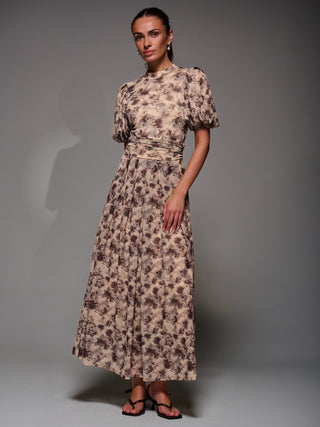 Puffy Sleeve Printed Mesh Maxi Dress, Brown Abstract