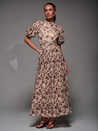 Puffy Sleeve Printed Mesh Maxi Dress, Brown Abstract