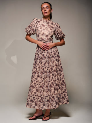 Puffy Sleeve Printed Mesh Maxi Dress, Brown Abstract