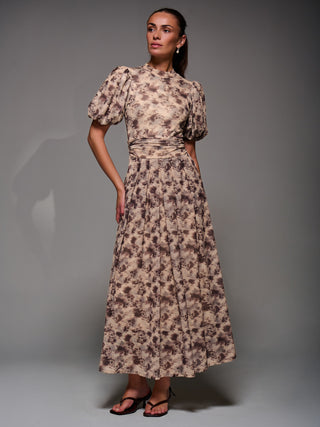 Puffy Sleeve Printed Mesh Maxi Dress, Brown Abstract