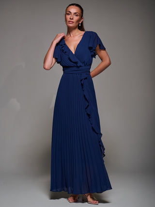 Pleated Frill Detail Chiffon Maxi Dress, Navy