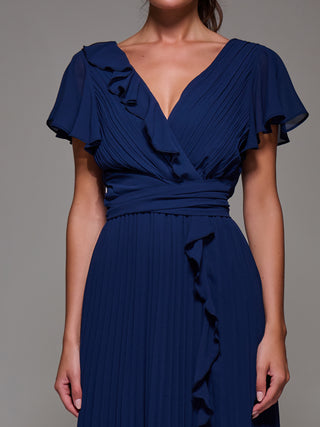 Pleated Frill Detail Chiffon Maxi Dress, Navy