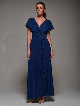 Pleated Frill Detail Chiffon Maxi Dress, Navy
